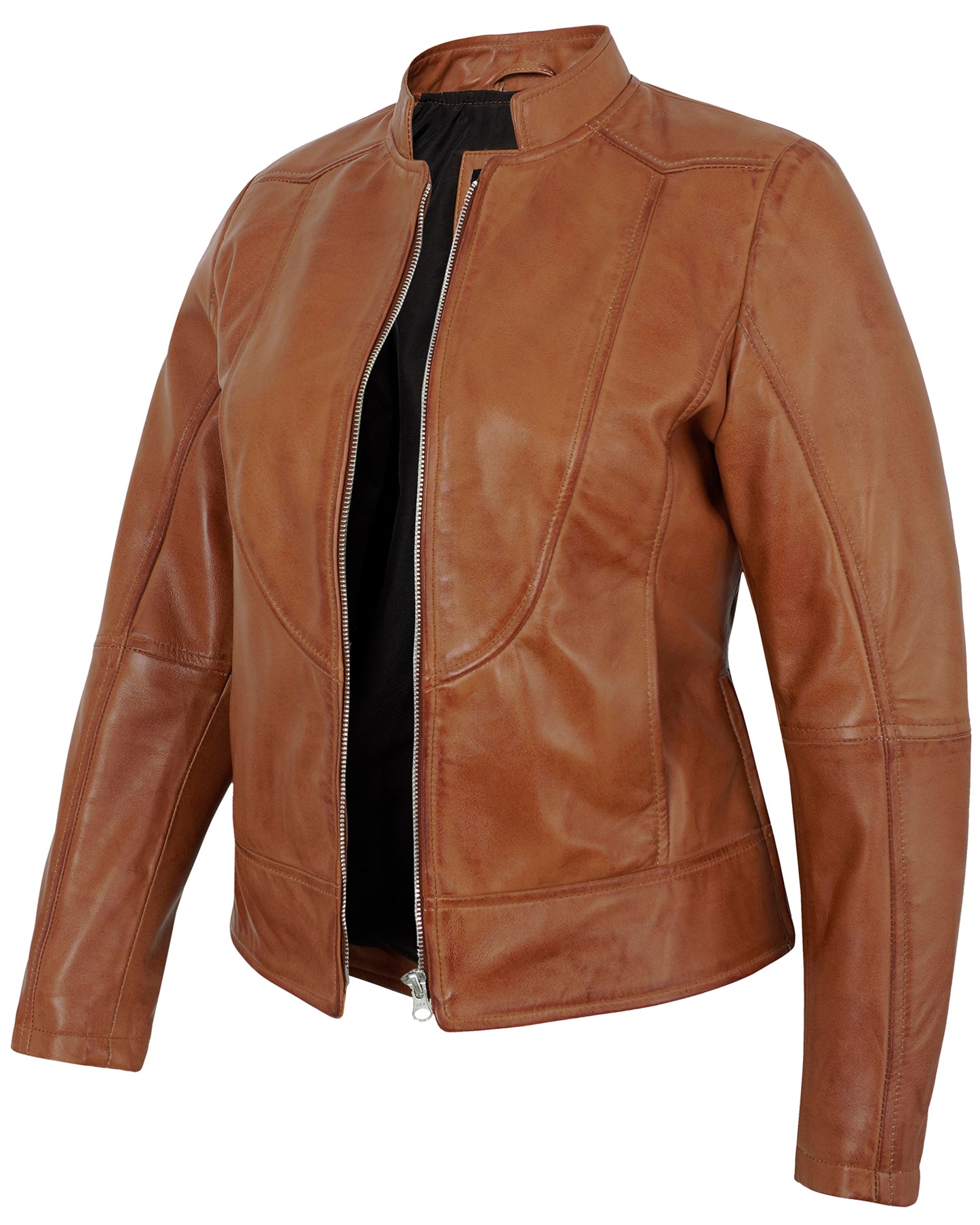 Tan Women’s Cafe Racer Leather Jacket – Real Lambskin Classic Motorcycle Style