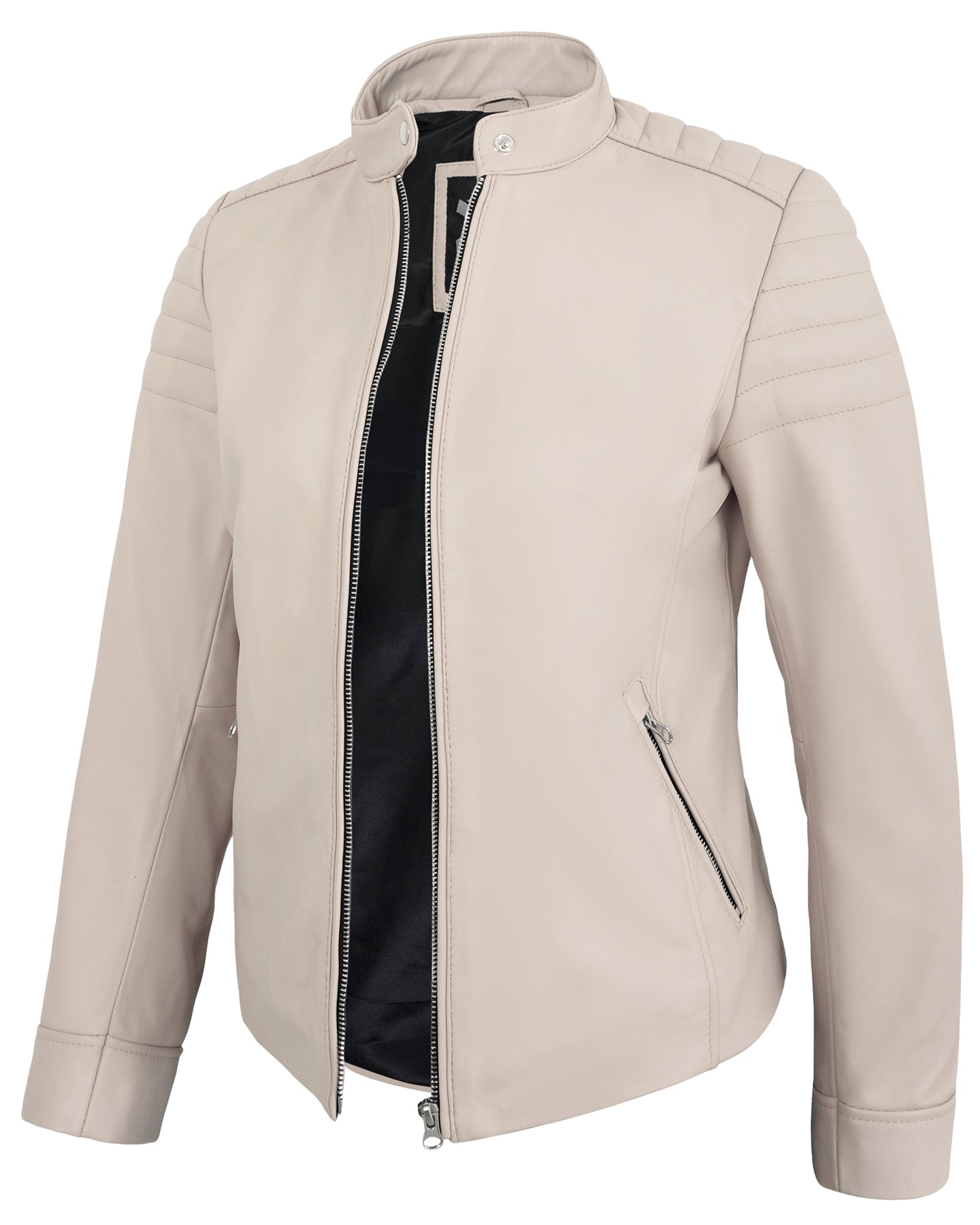 Beige Women's Lambskin Leather Jacket – Real Lambskin Moto Jacket