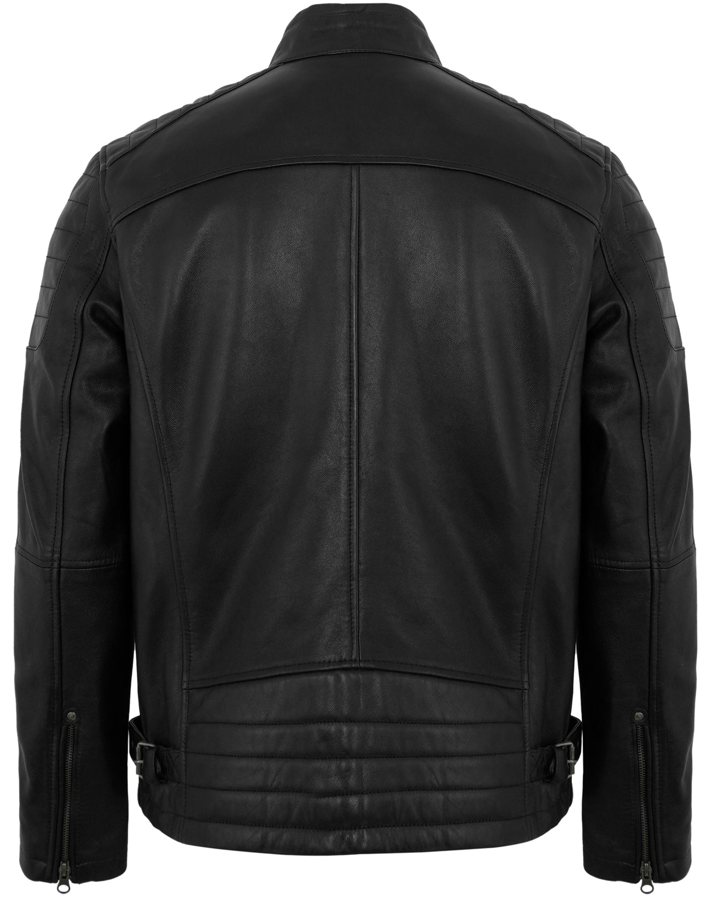 Men’s Vintage-Style Black Biker Leather Jacket with Padded Shoulder Design