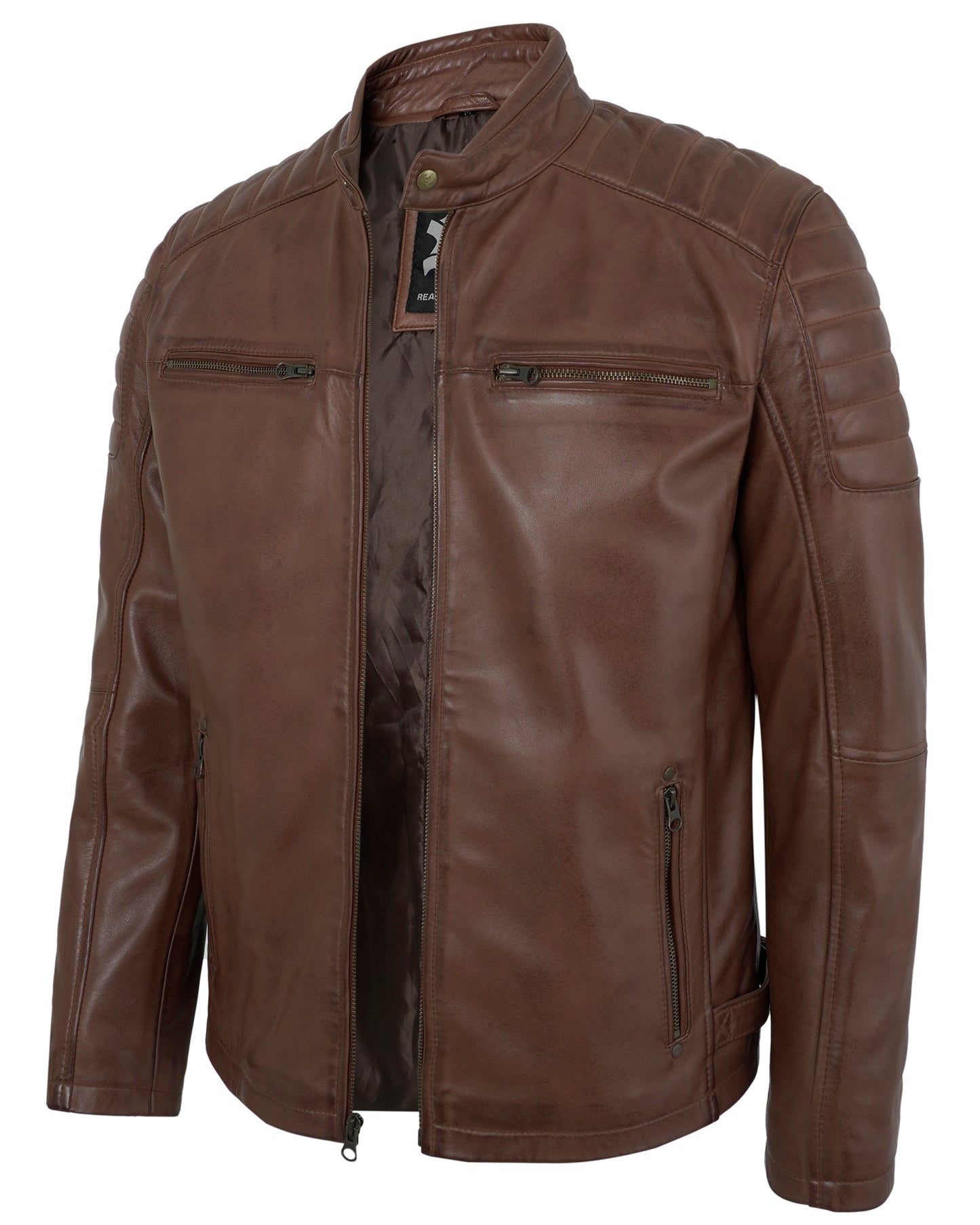 Men’s Distressed Brown Motorcycle Leather Jacket for Men – Quilted Shoulder