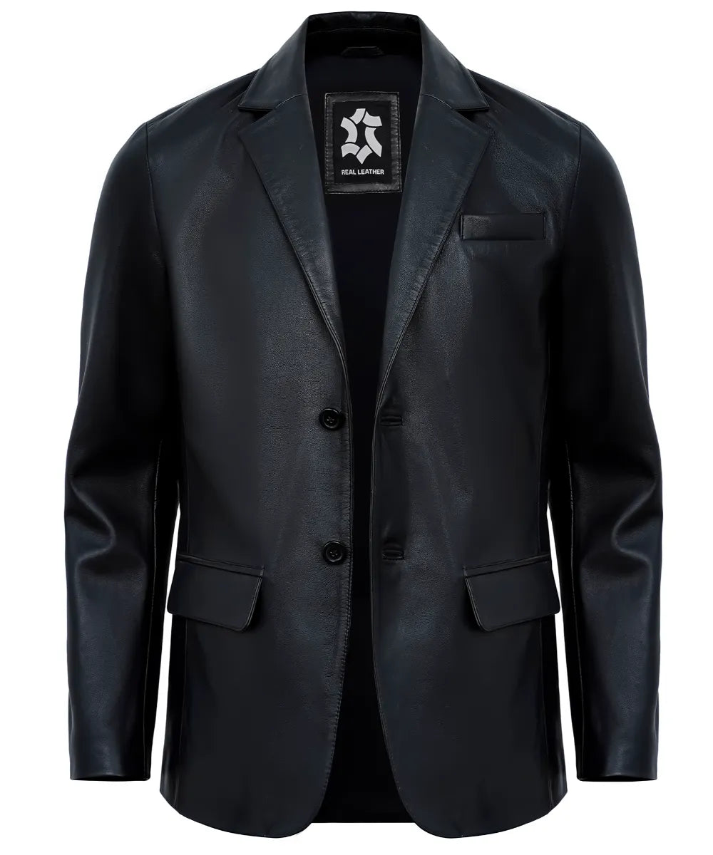 2-button-black-leather-blazer-men