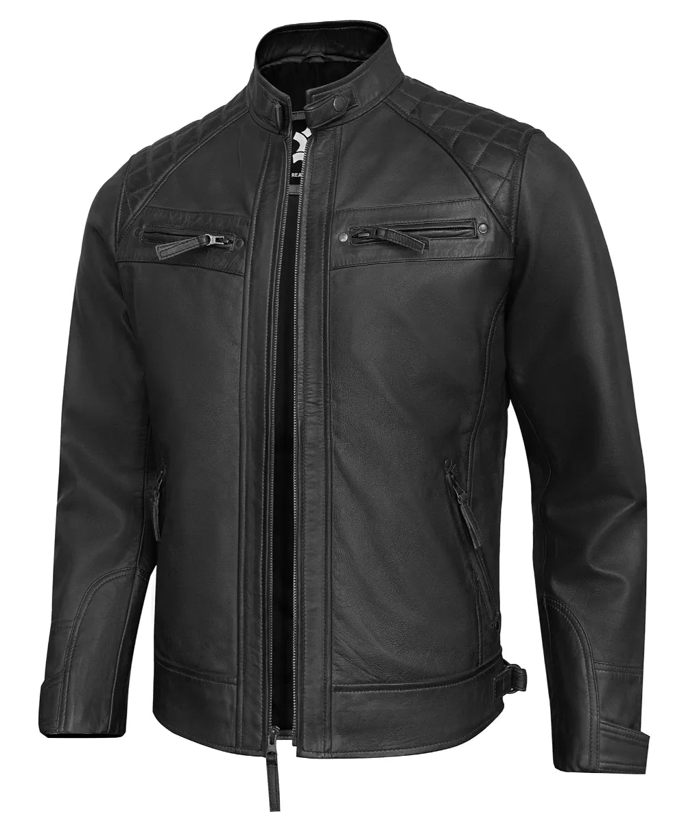 Men’s Black Leather Biker Jacket for Men – Quilted Shoulder