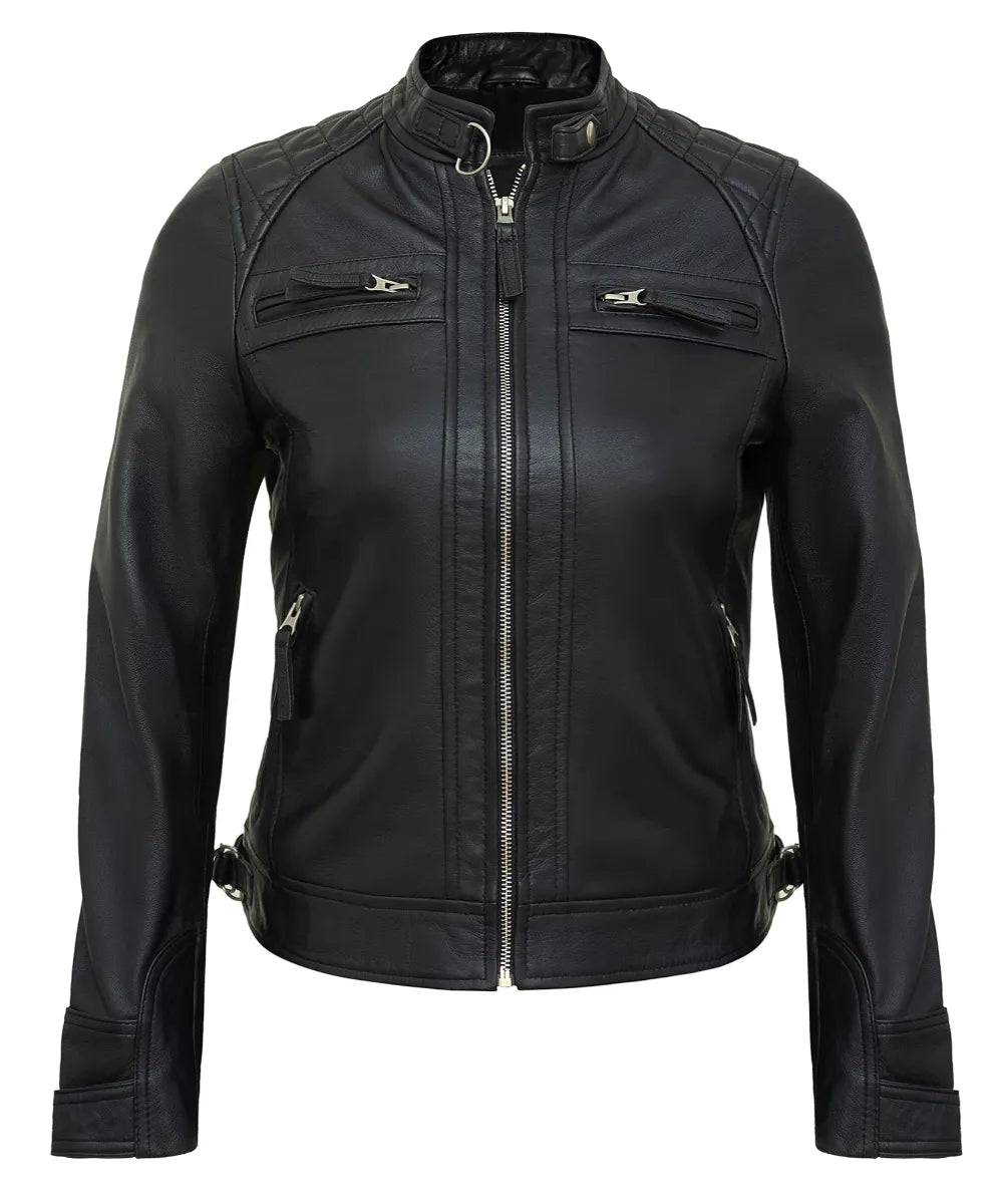 Black Leather Cafe Racer Jackets for Women – Real Lambskin Quilted Style