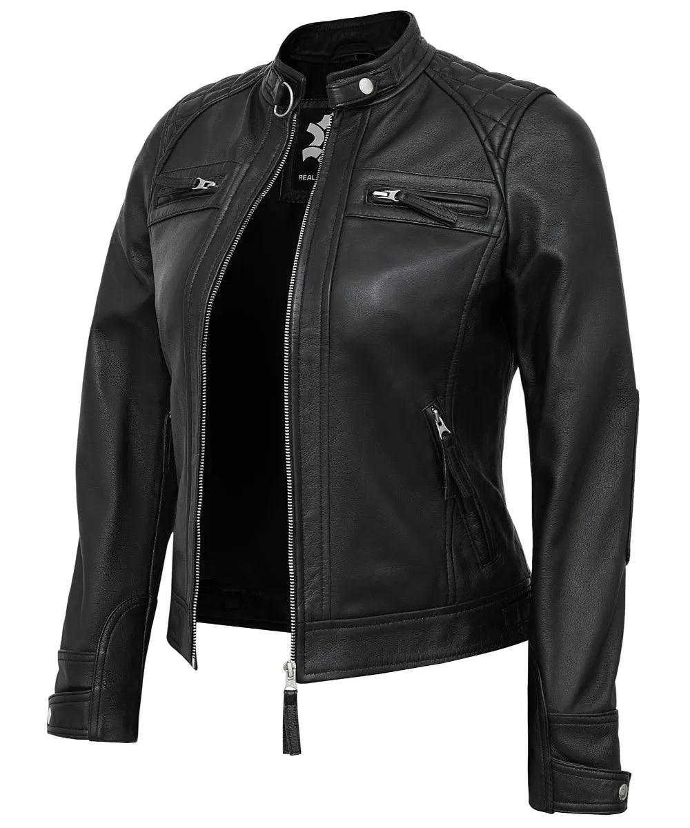Black Leather Cafe Racer Jackets for Women – Real Lambskin Quilted Style