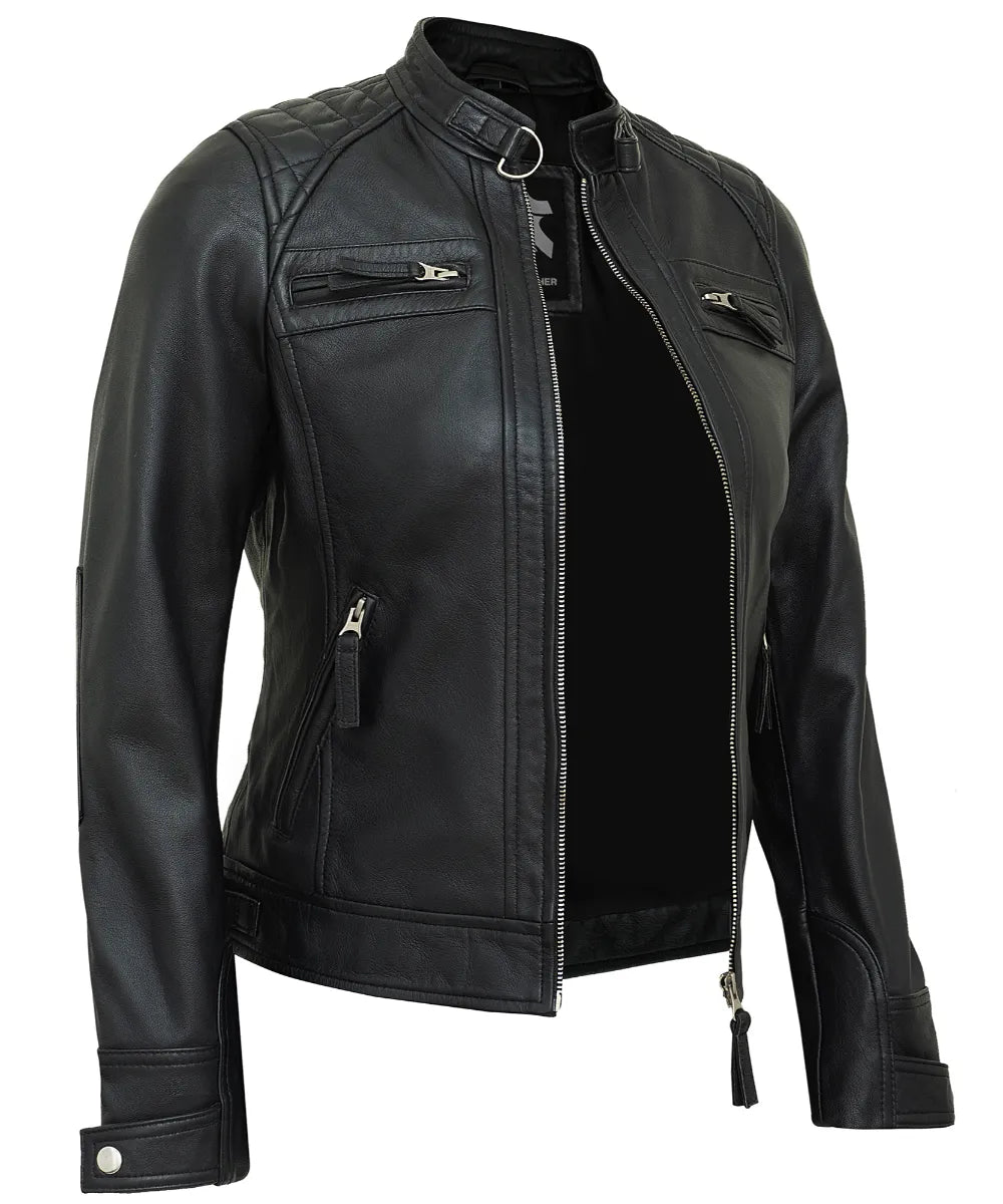 Black Leather Cafe Racer Jackets for Women – Real Lambskin Quilted Style