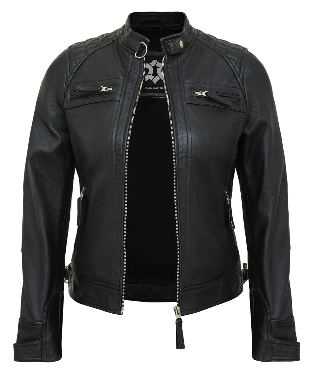 Black Leather Cafe Racer Jackets for Women – Real Lambskin Quilted Style