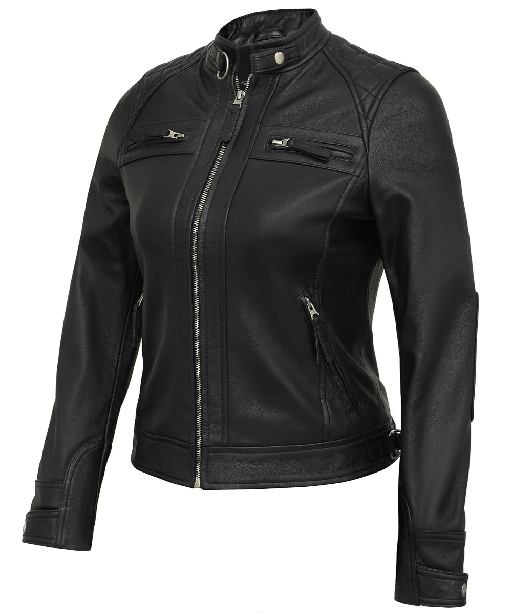 Black Leather Cafe Racer Jackets for Women – Real Lambskin Quilted Style