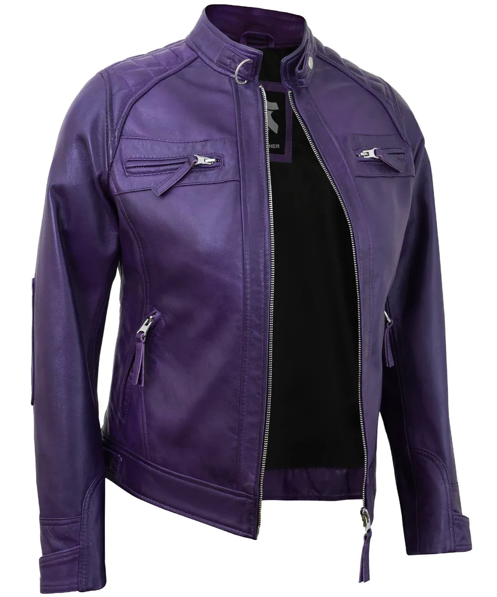 Purple Leather Cafe Racer Jackets for Women – Real Lambskin Quilted Style