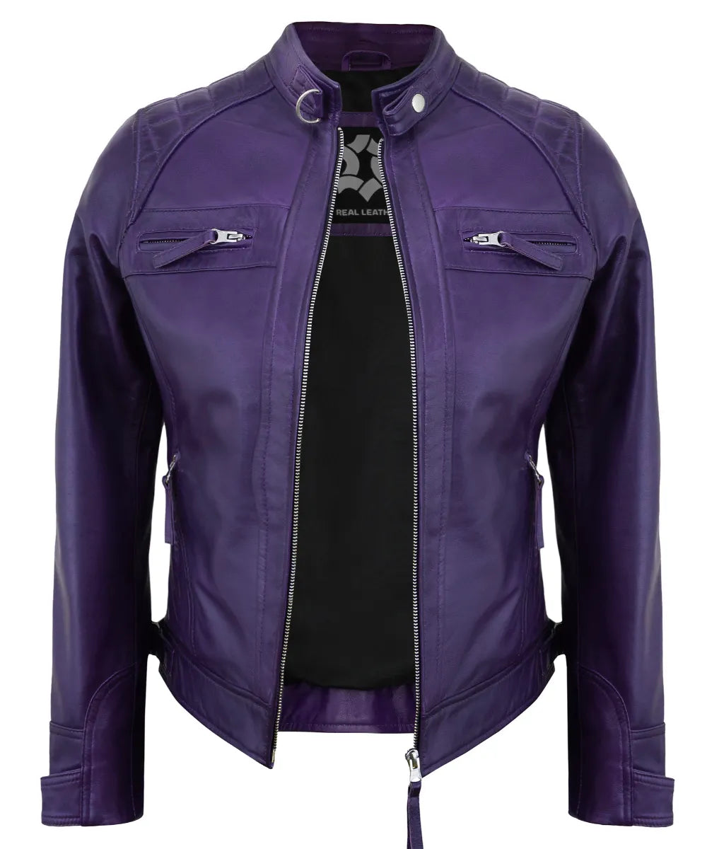 Purple Leather Cafe Racer Jackets for Women – Real Lambskin Quilted Style