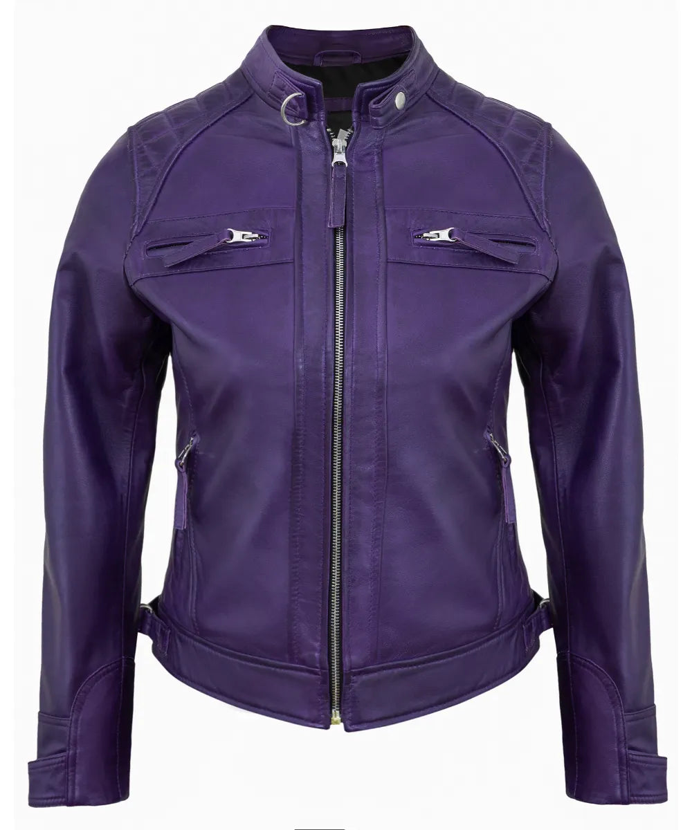Purple Leather Cafe Racer Jackets for Women – Real Lambskin Quilted Style