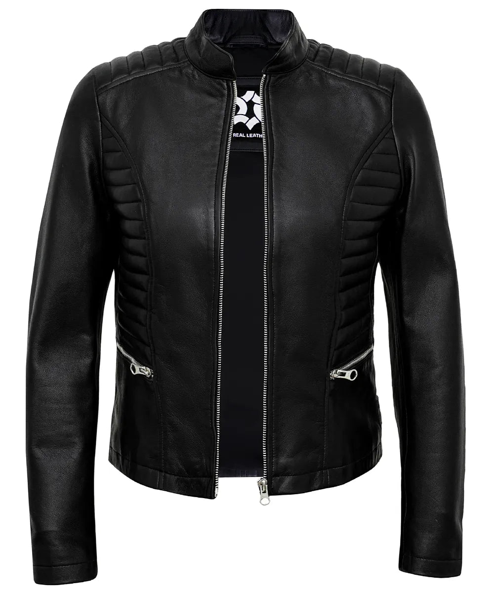 Black Women’s Cafe Racer Motorcycle Jacket – Real Lambskin Stylish Leather