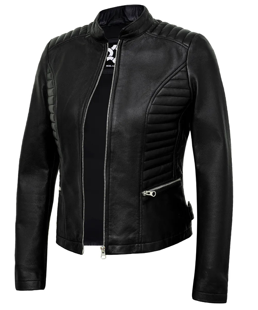 Black Women’s Cafe Racer Motorcycle Jacket – Real Lambskin Stylish Leather