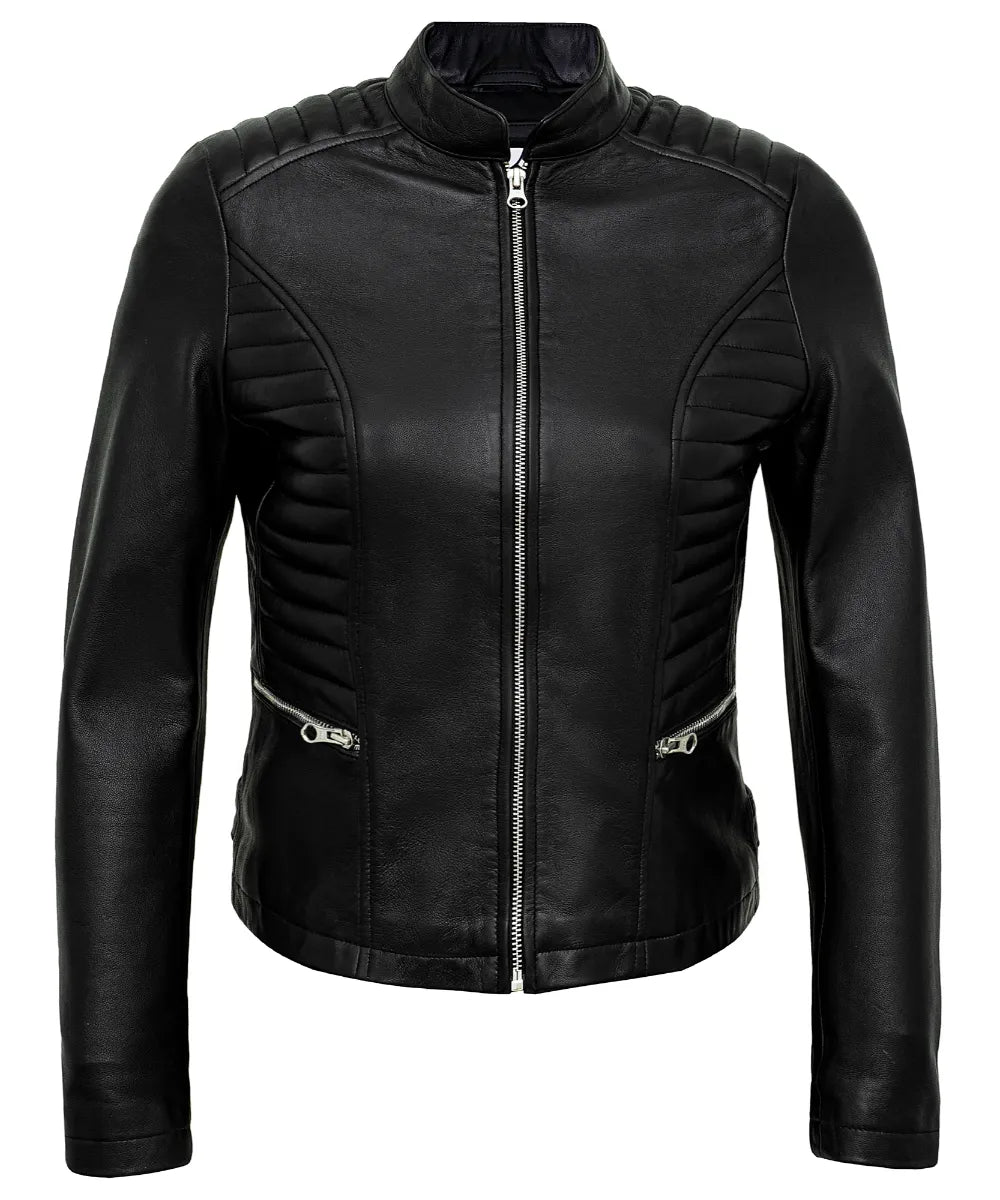 Black Women’s Cafe Racer Motorcycle Jacket – Real Lambskin Stylish Leather