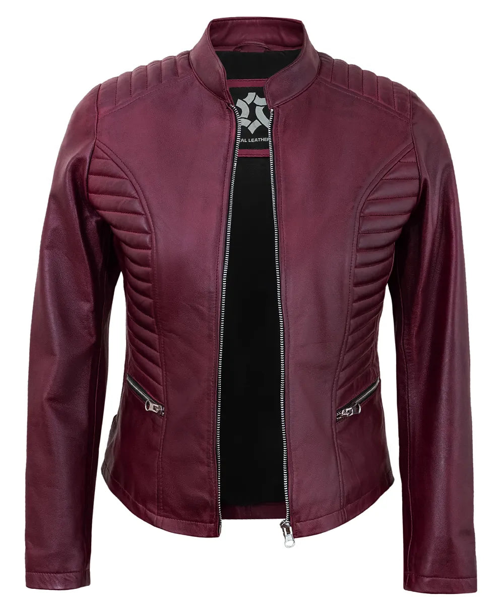 Maroon Women’s Cafe Racer Motorcycle Jacket – Real Lambskin Leather