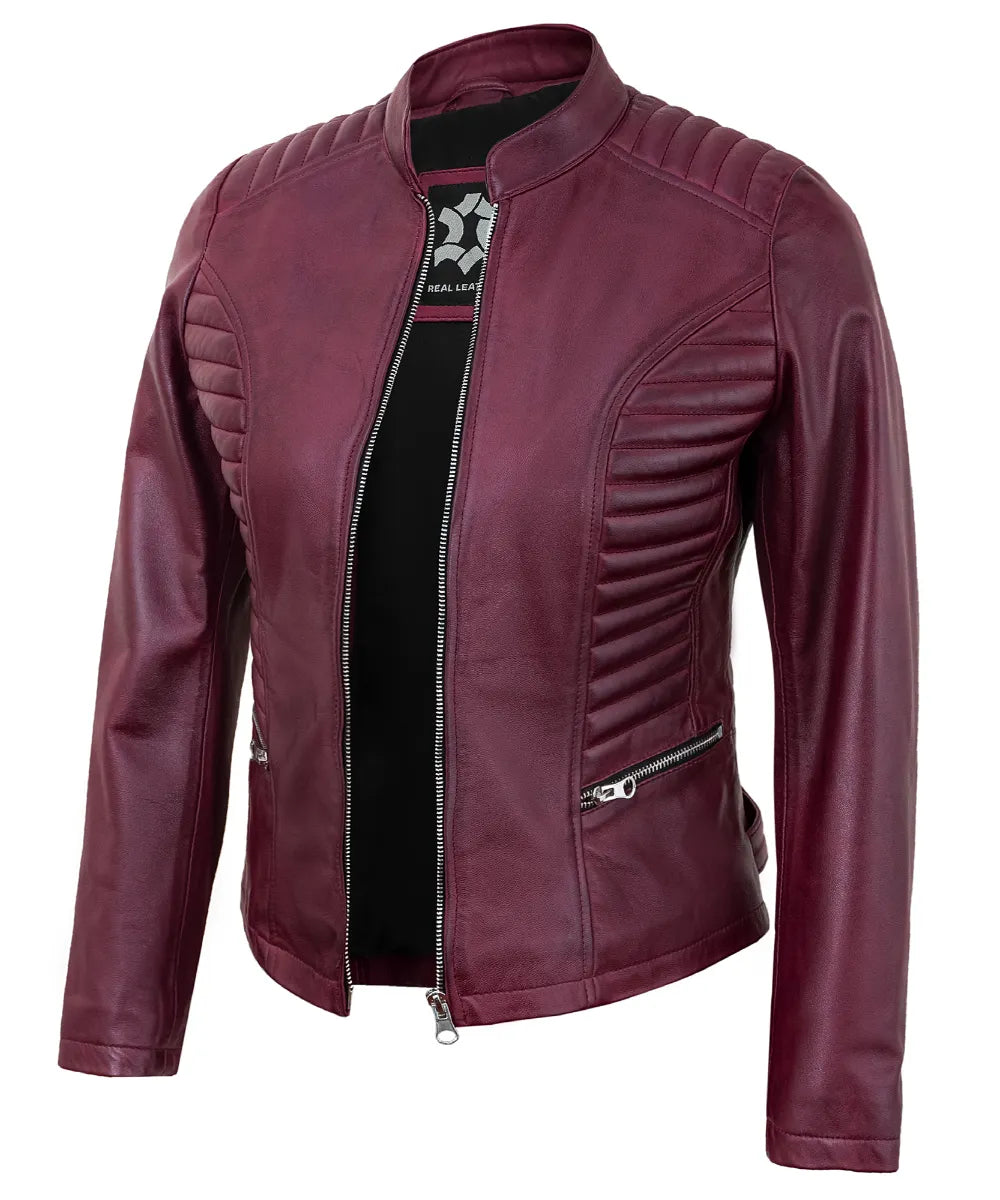 Maroon Women’s Cafe Racer Motorcycle Jacket – Real Lambskin Leather