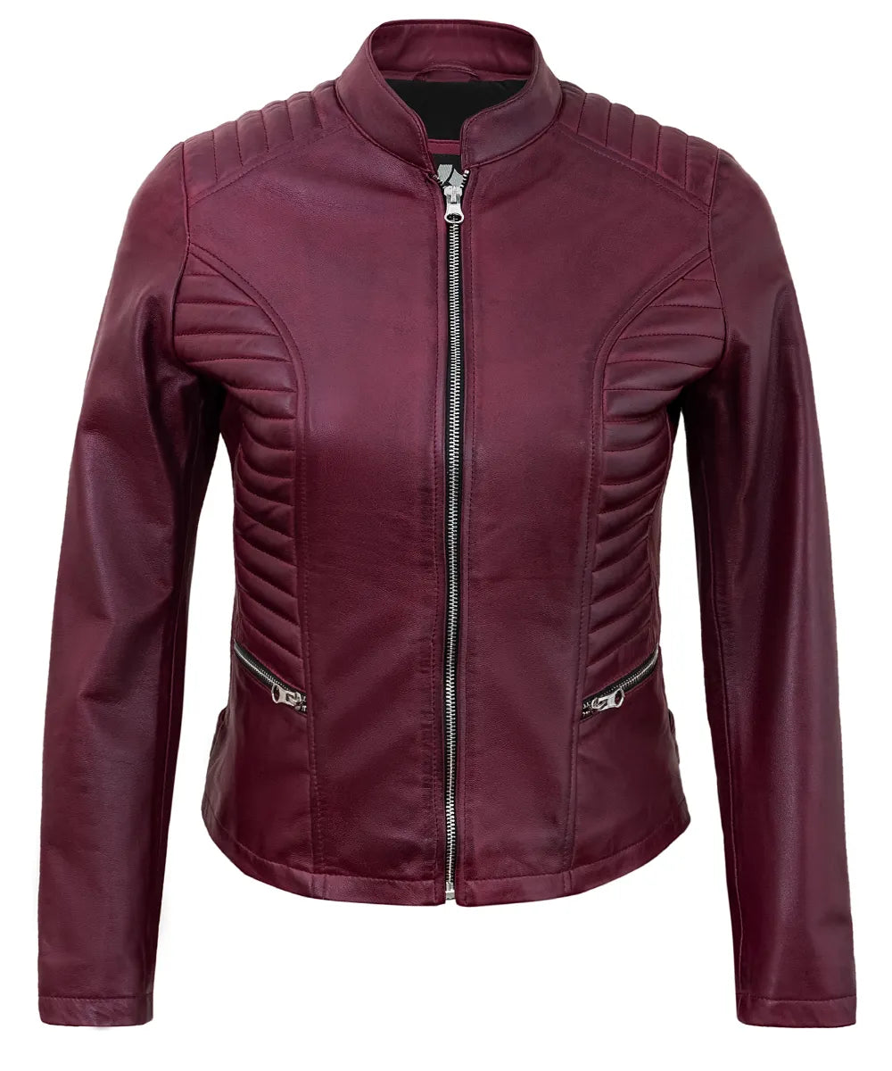Maroon Women’s Cafe Racer Motorcycle Jacket – Real Lambskin Leather