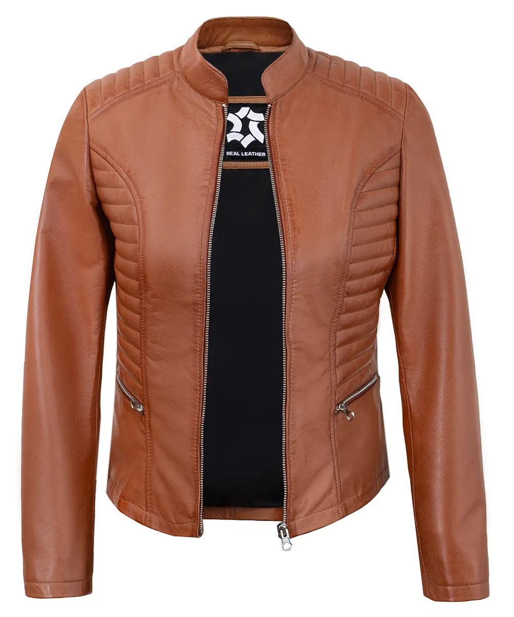 Tan Women’s Cafe Racer Motorcycle Jacket – Real Lambskin Stylish Biker