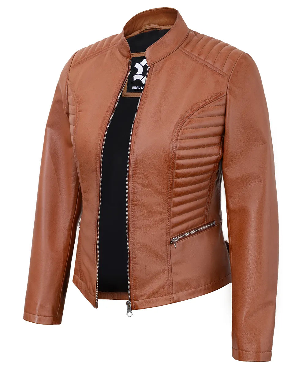 Tan Women’s Cafe Racer Motorcycle Jacket – Real Lambskin Stylish Biker