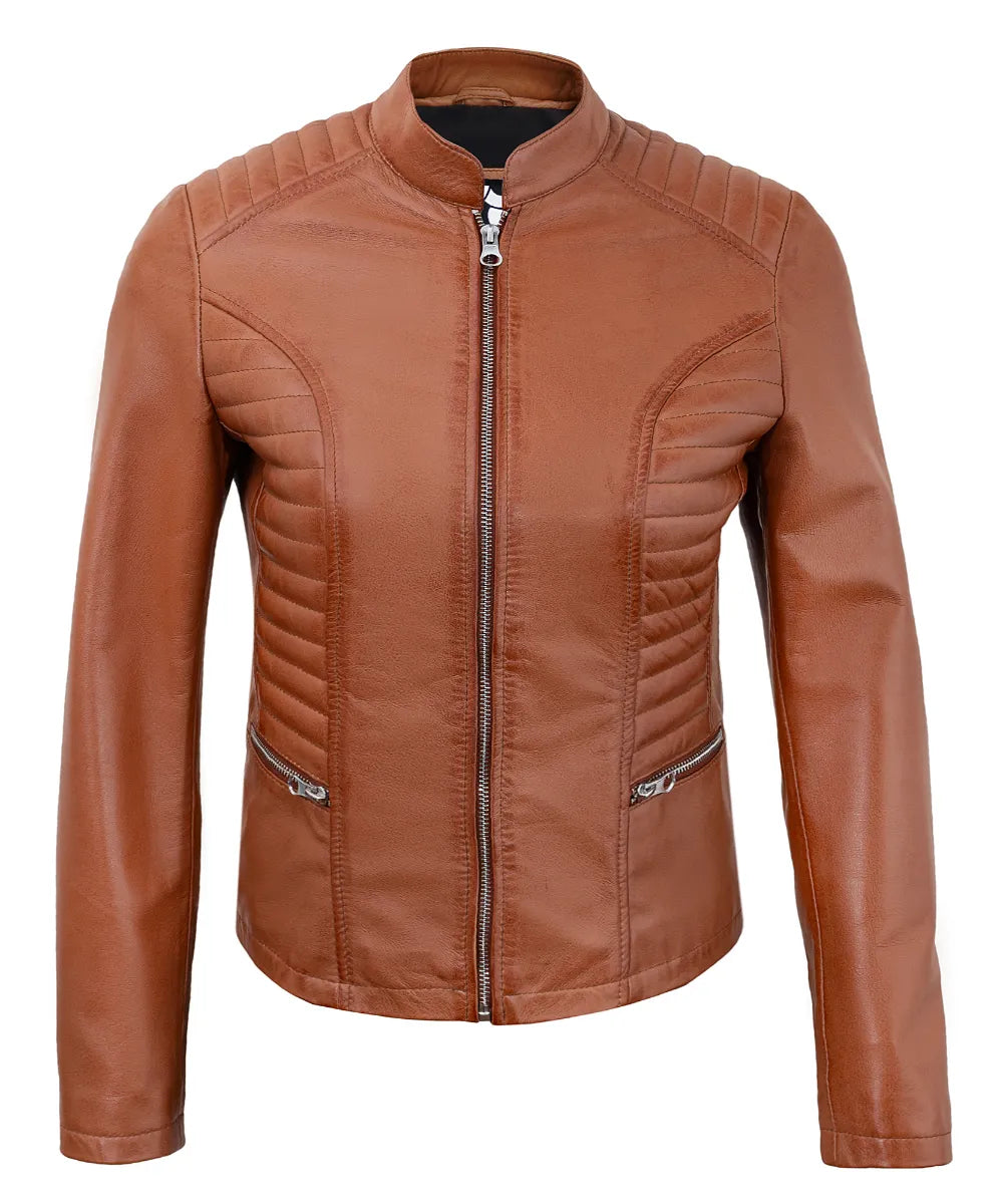 Tan Women’s Cafe Racer Motorcycle Jacket – Real Lambskin Stylish Biker