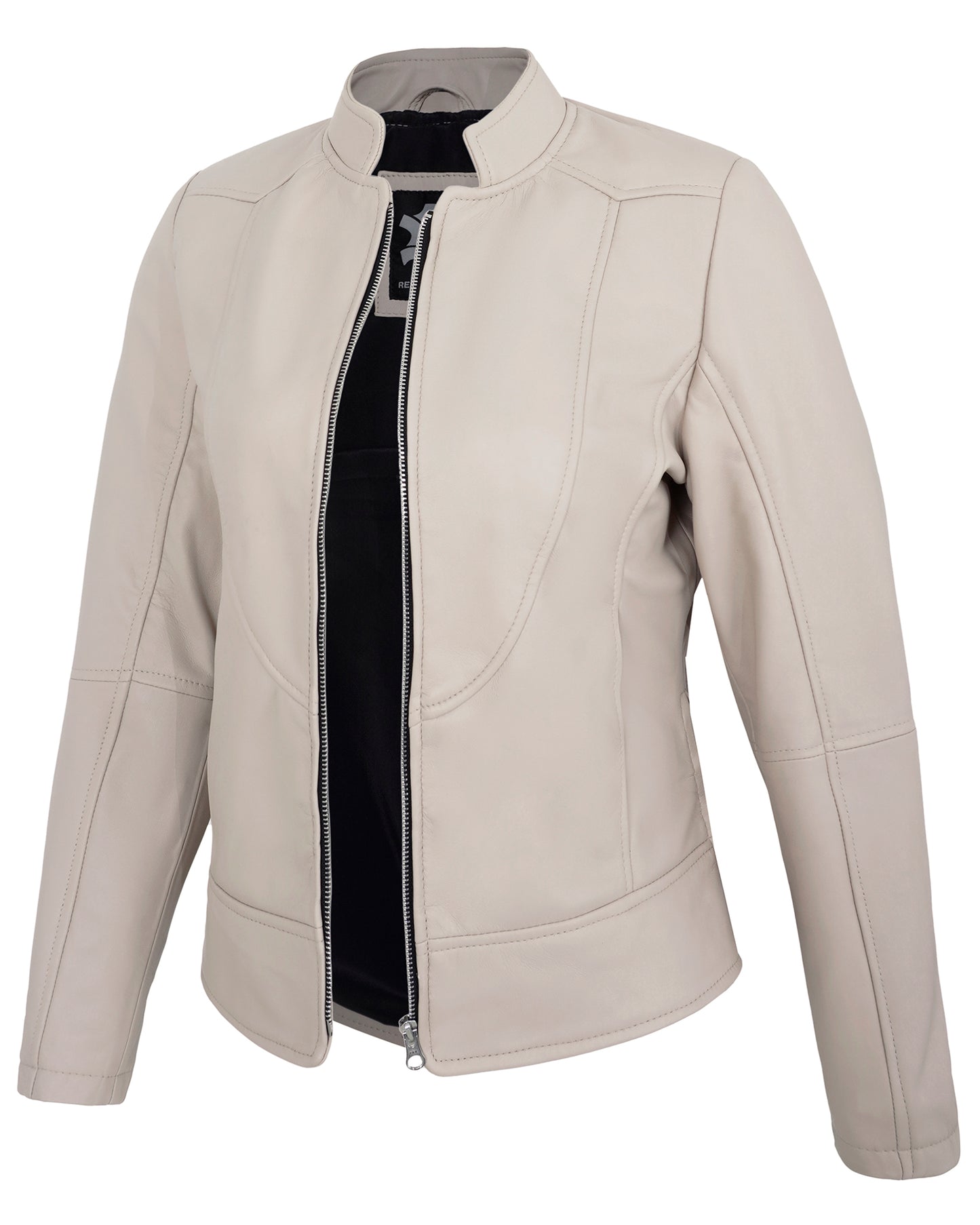 Beige Women’s Cafe Racer Leather Jacket – Real Lambskin Stylish Motorcycle Style