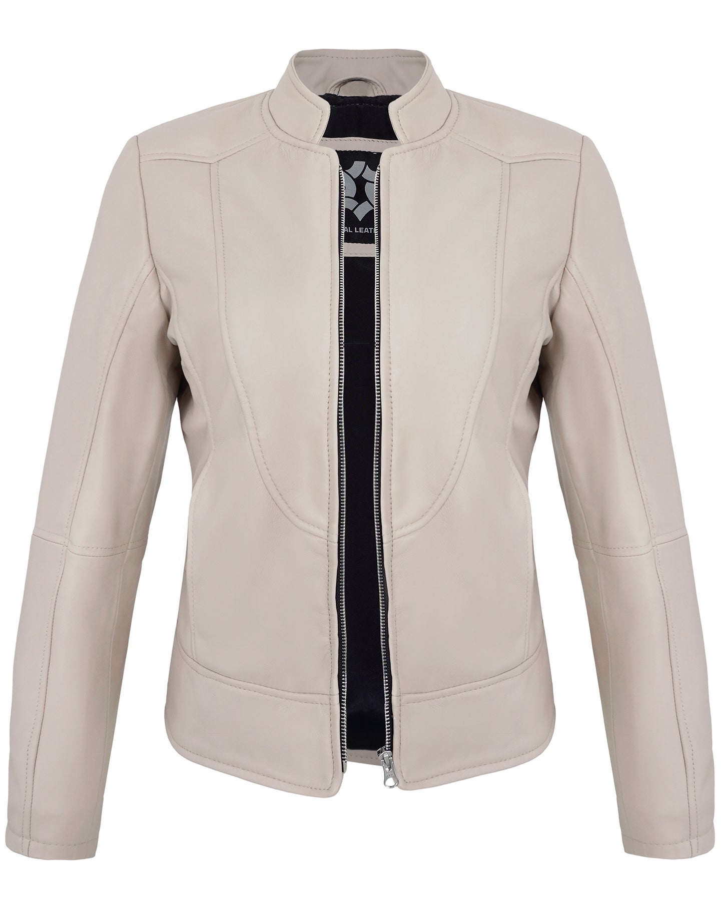 Beige Women’s Cafe Racer Leather Jacket – Real Lambskin Stylish Motorcycle Style