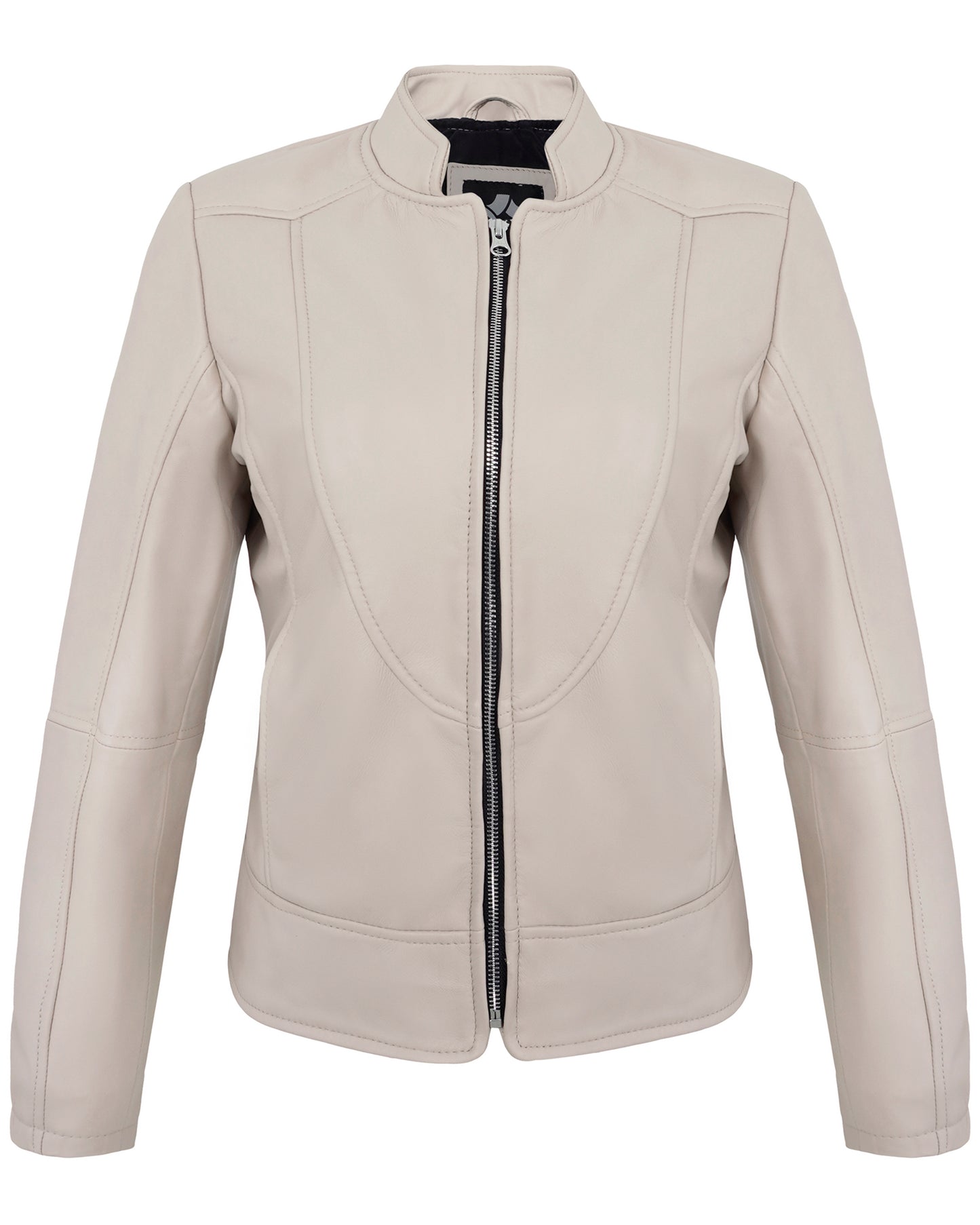 Beige Women’s Cafe Racer Leather Jacket – Real Lambskin Stylish Motorcycle Style