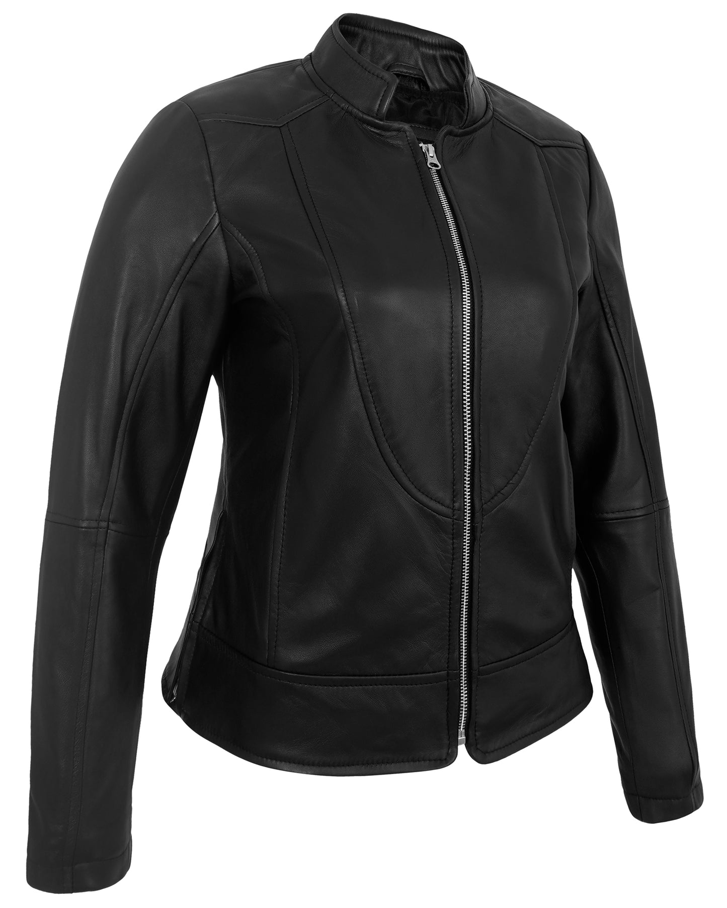 Black Women’s Cafe Racer Leather Jacket – Real Lambskin Motorcycle