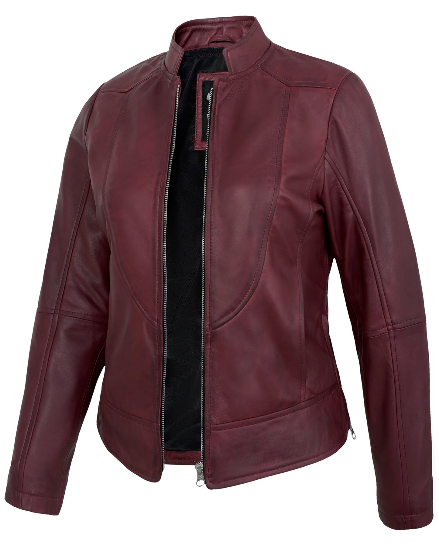 Maroon Women’s Cafe Racer Leather Jacket – Real Lambskin Stylish Motorcycle Style