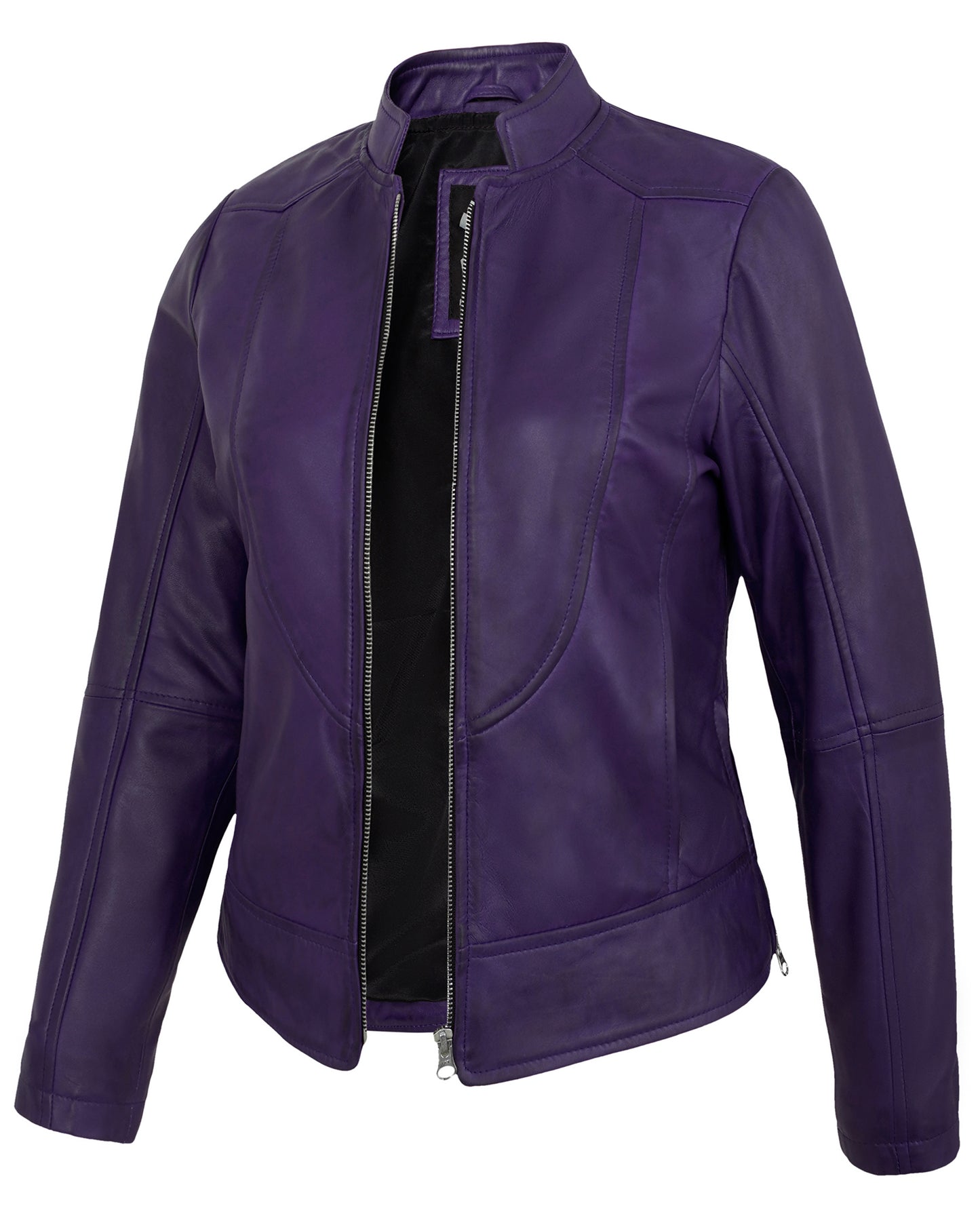 Purple Women’s Cafe Racer Leather Jacket – Real Lambskin Trendy Motorcycle Style