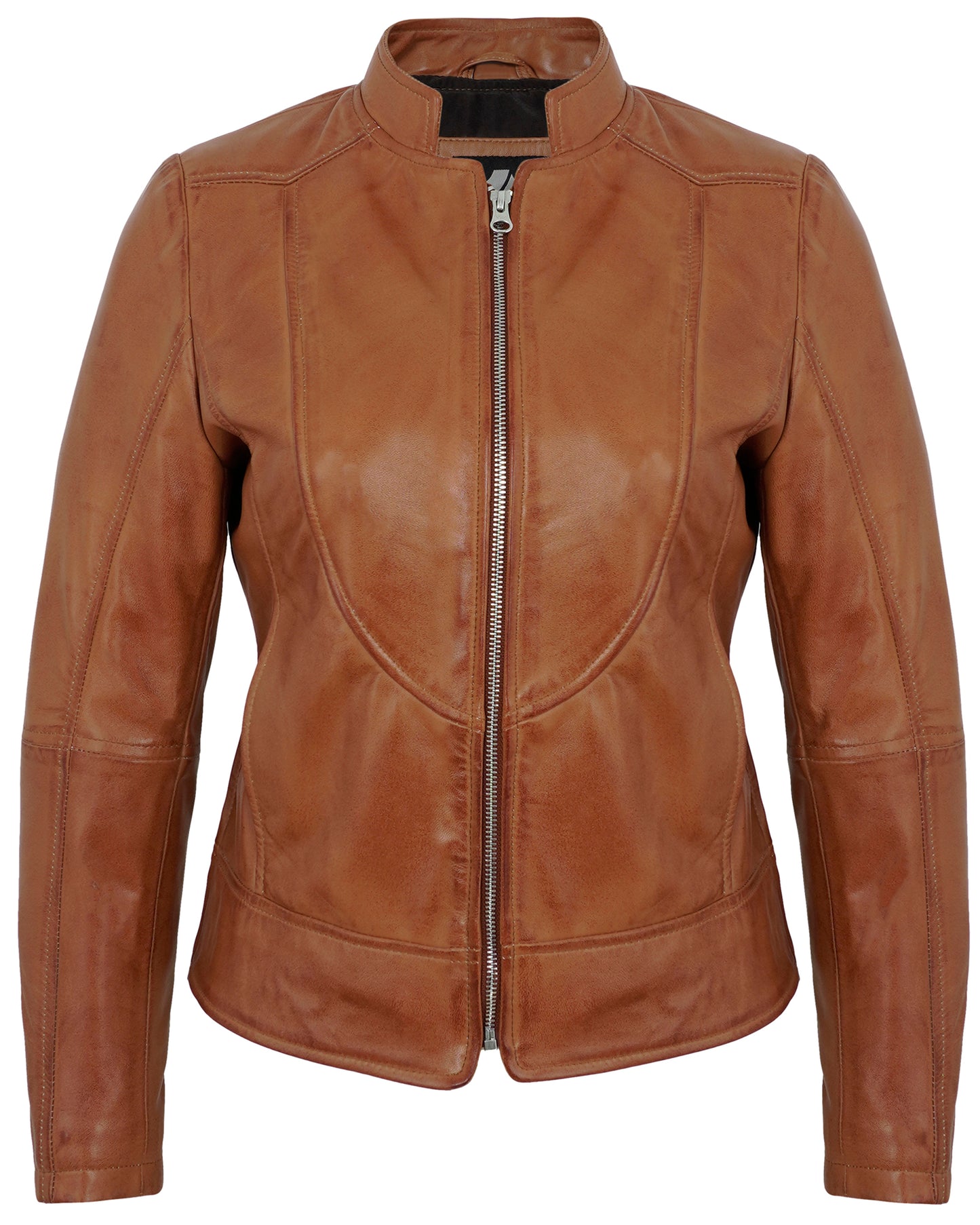 Tan Women’s Cafe Racer Leather Jacket – Real Lambskin Classic Motorcycle Style