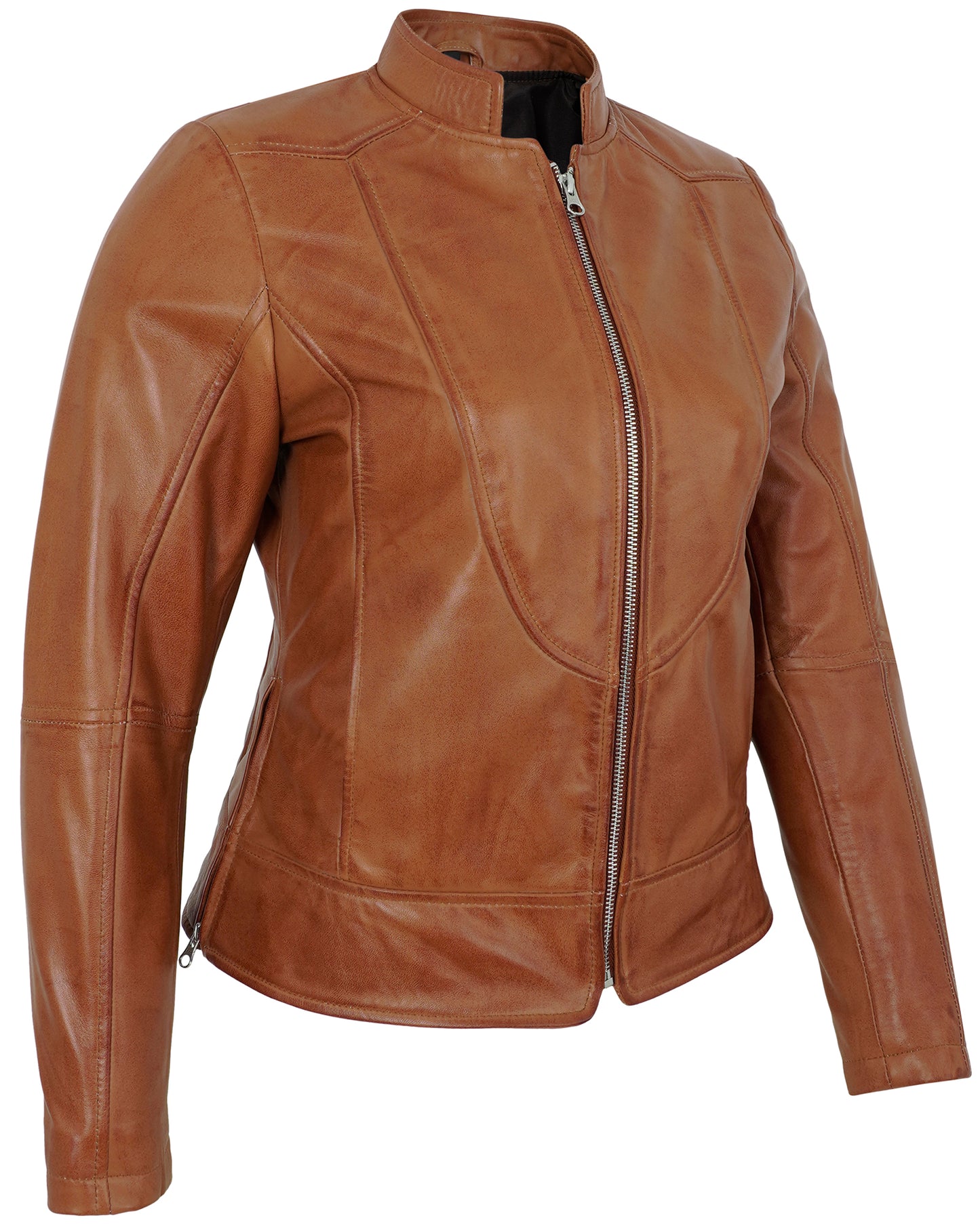 Tan Women’s Cafe Racer Leather Jacket – Real Lambskin Classic Motorcycle Style