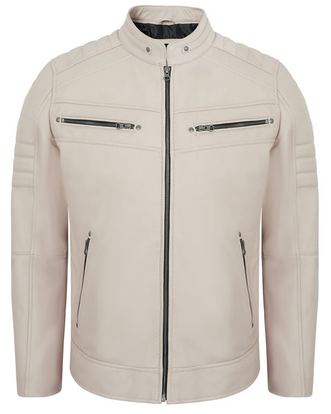 Beige Men's Cafe Racer Leather Jacket – Real Lambskin Leather Jacket for Men