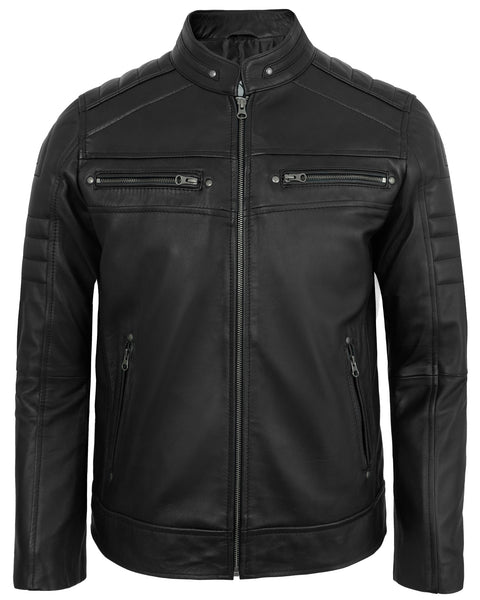 Black Men's Cafe Racer Leather Jacket – Real Lambskin Leather Jacket for Men