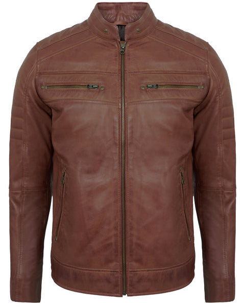 Brown Men’s Lambskin Cafe Racer Leather Jacket – Biker Style