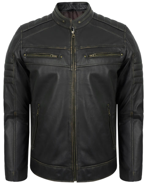Black Ruboff Men's Cafe Racer Leather Jacket – Real Lambskin Leather Jacket for Men