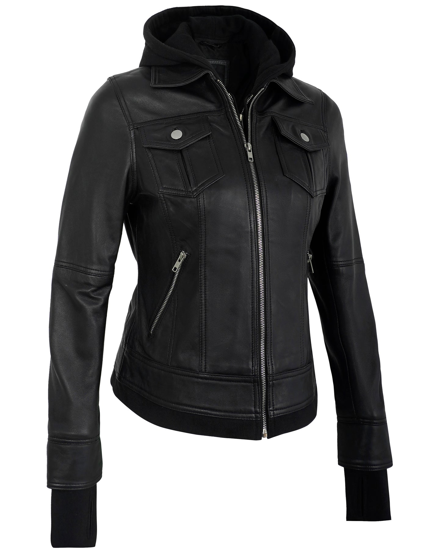 Black Hooded Leather Jacket for Women – Cafe Racer Real Lambskin Hood