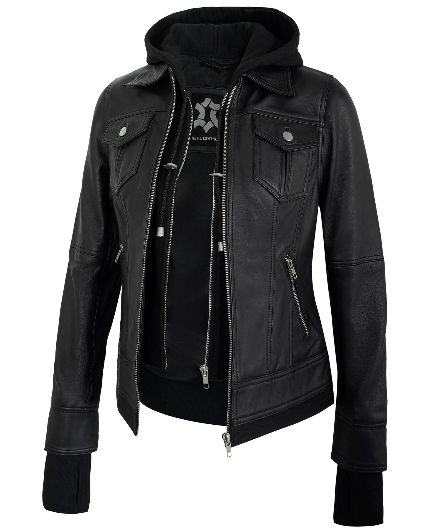 Black Hooded Leather Jacket for Women – Cafe Racer Real Lambskin Hood