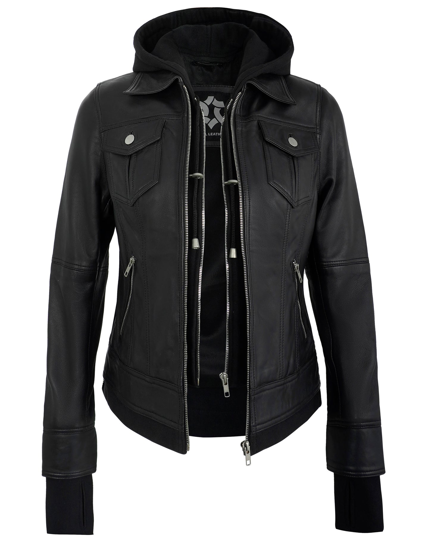Black Hooded Leather Jacket for Women – Cafe Racer Real Lambskin Hood
