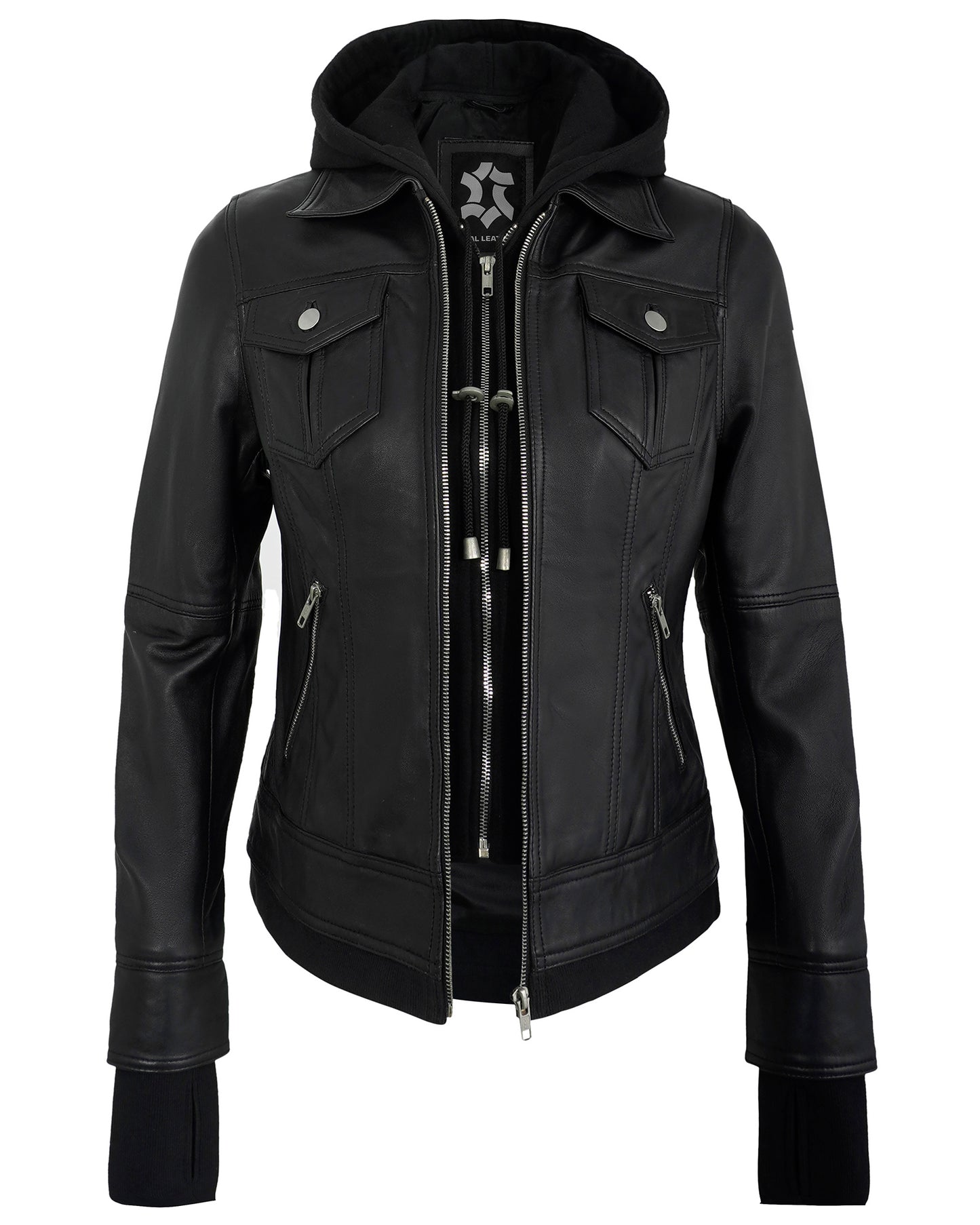 Black Hooded Leather Jacket for Women – Cafe Racer Real Lambskin Hood