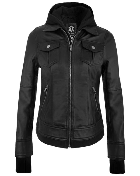 Black Hooded Women’s Leather Jacket – Cafe Racer Style Real Lambskin with Detachable Hood