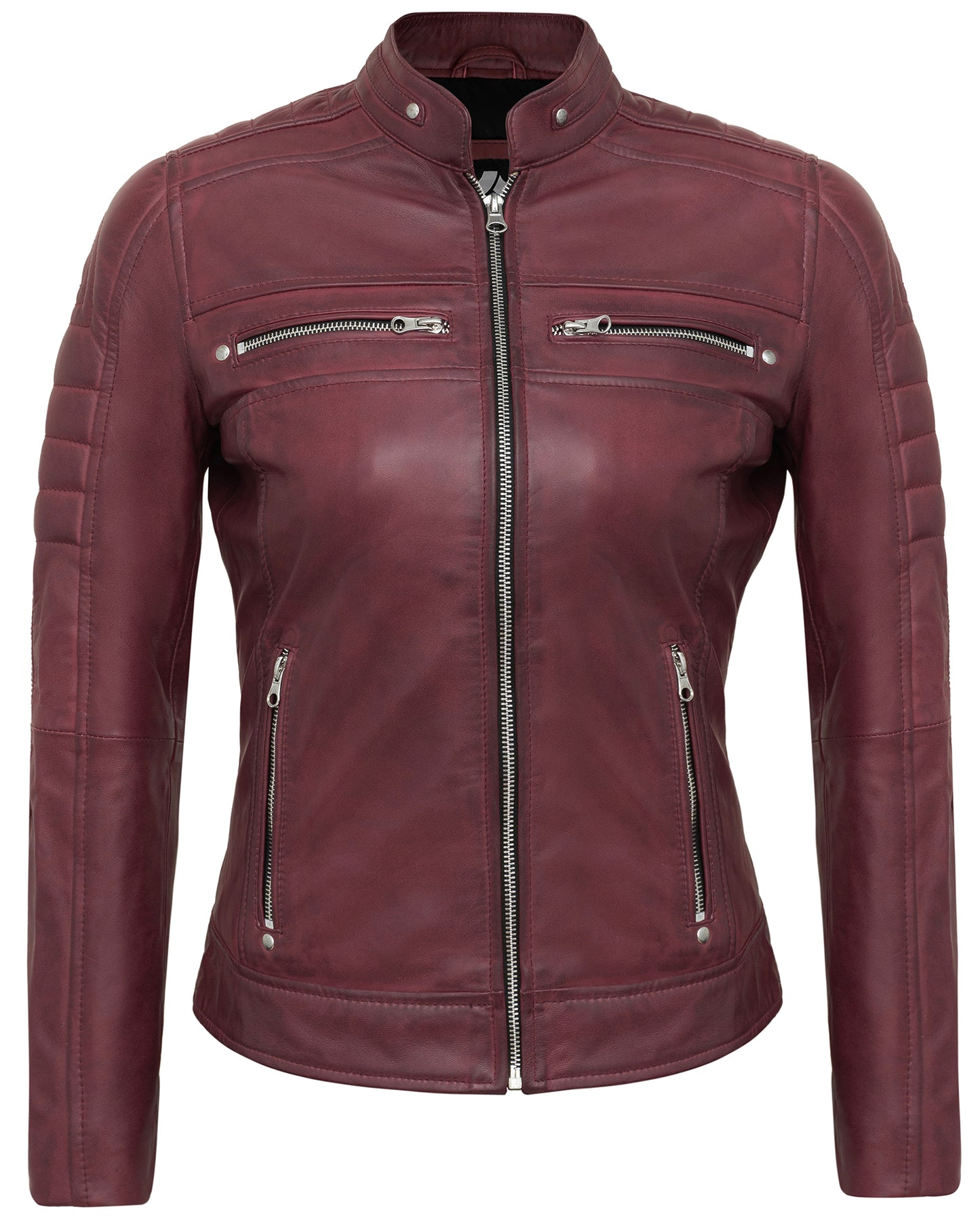 Maroon Cafe Racer Jackets for Women – Real Lambskin Quilted Leather Jacket