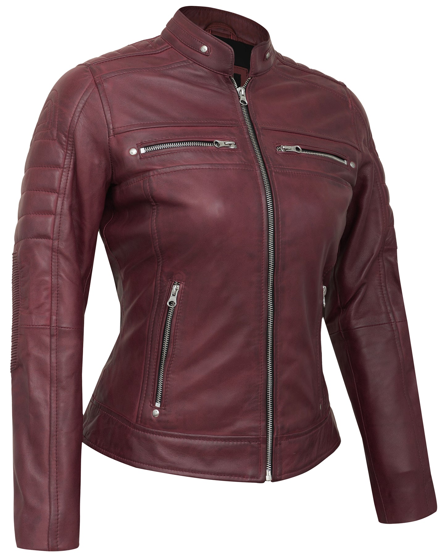 Maroon Cafe Racer Jackets for Women – Real Lambskin Quilted Leather Jacket
