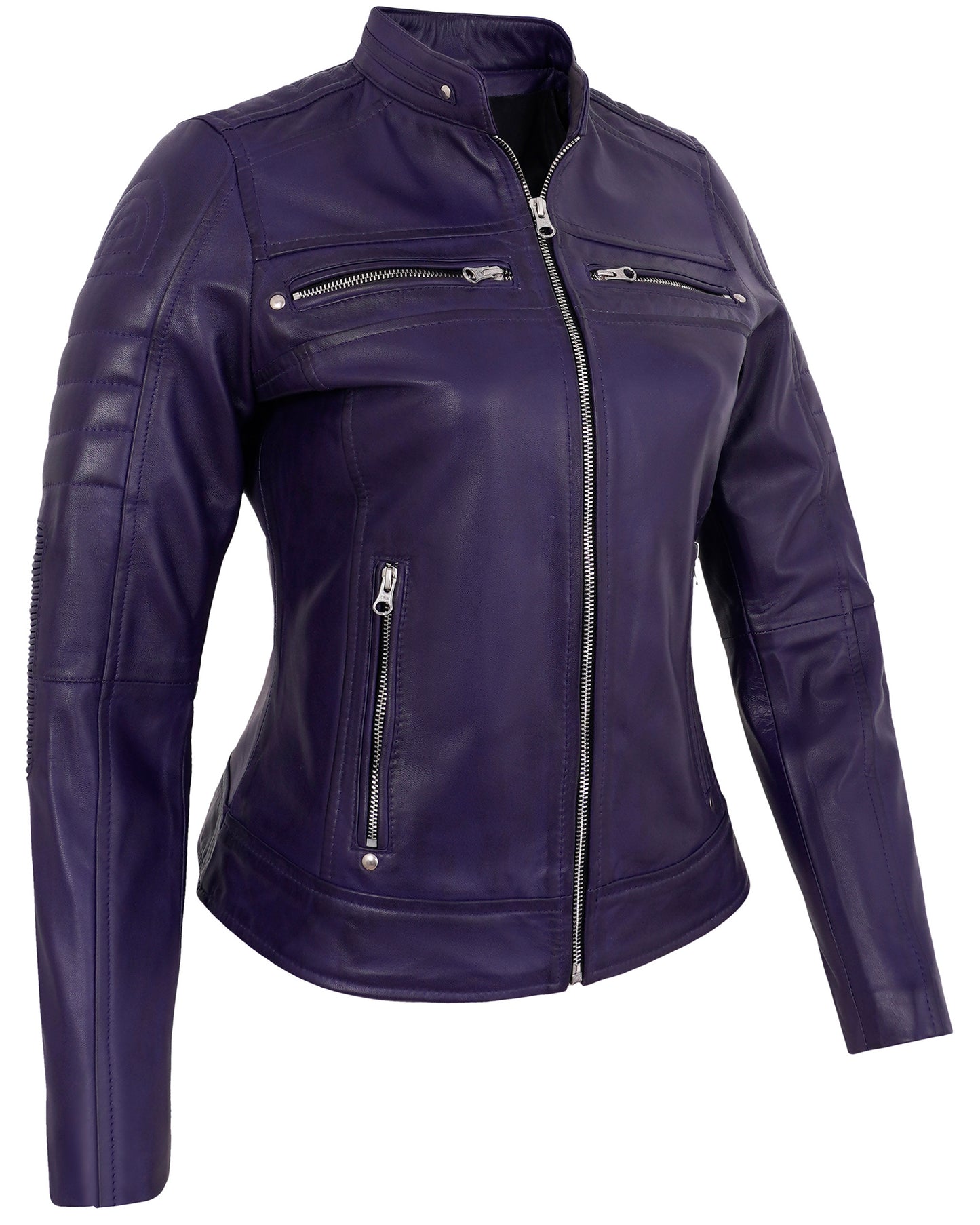 Purple Cafe Racer Jacket for Women – Real Lambskin Quilted Leather