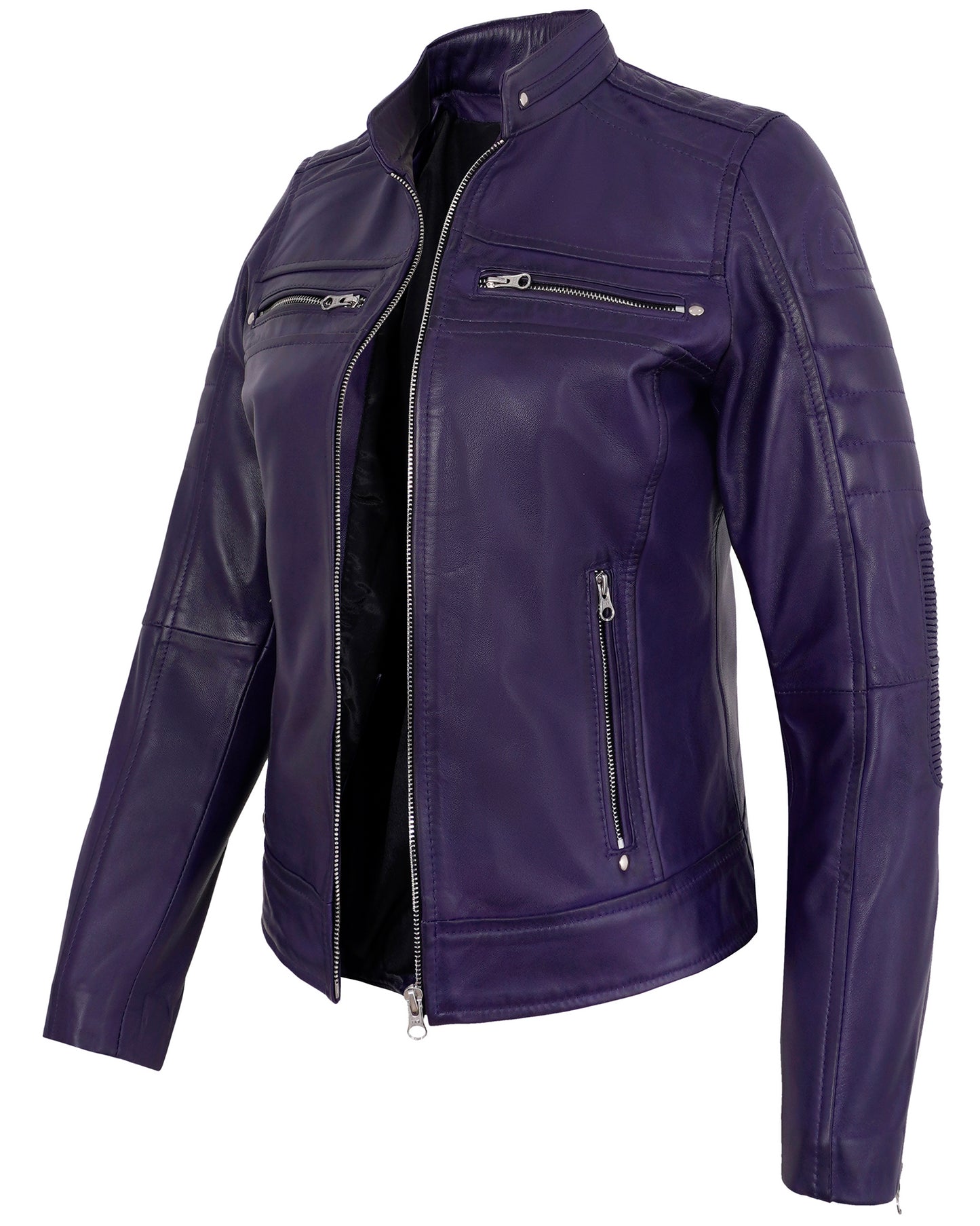 Purple Cafe Racer Jacket for Women – Real Lambskin Quilted Leather