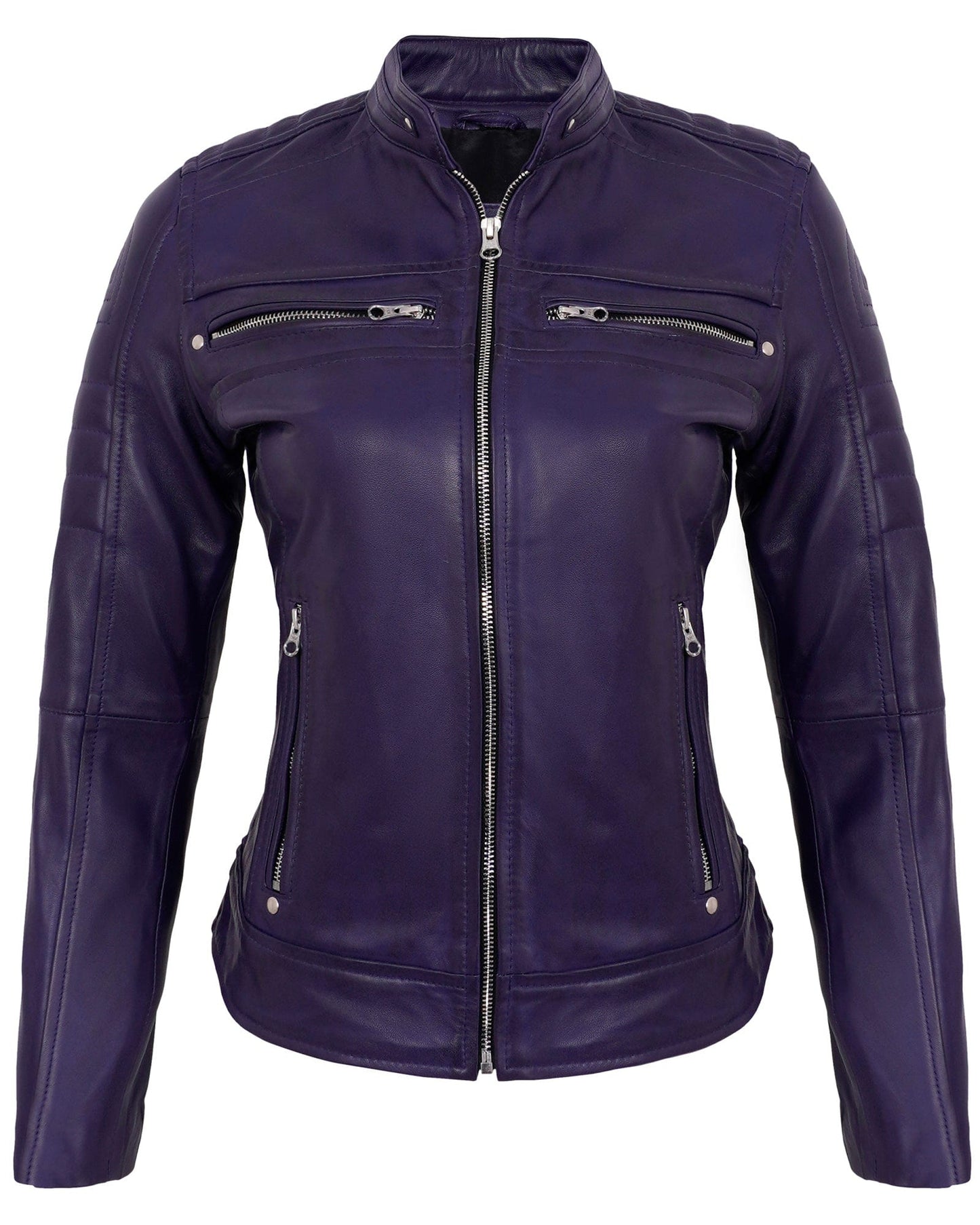 Purple Cafe Racer Jacket for Women – Real Lambskin Quilted Leather