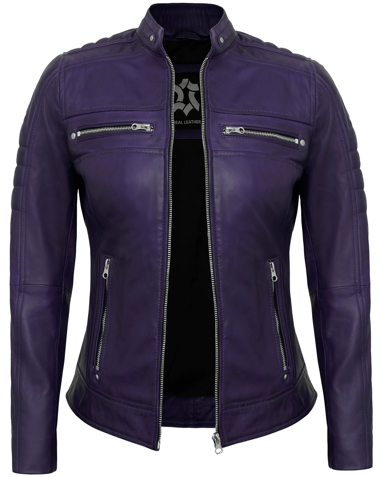 Purple Cafe Racer Jacket for Women – Real Lambskin Quilted Leather