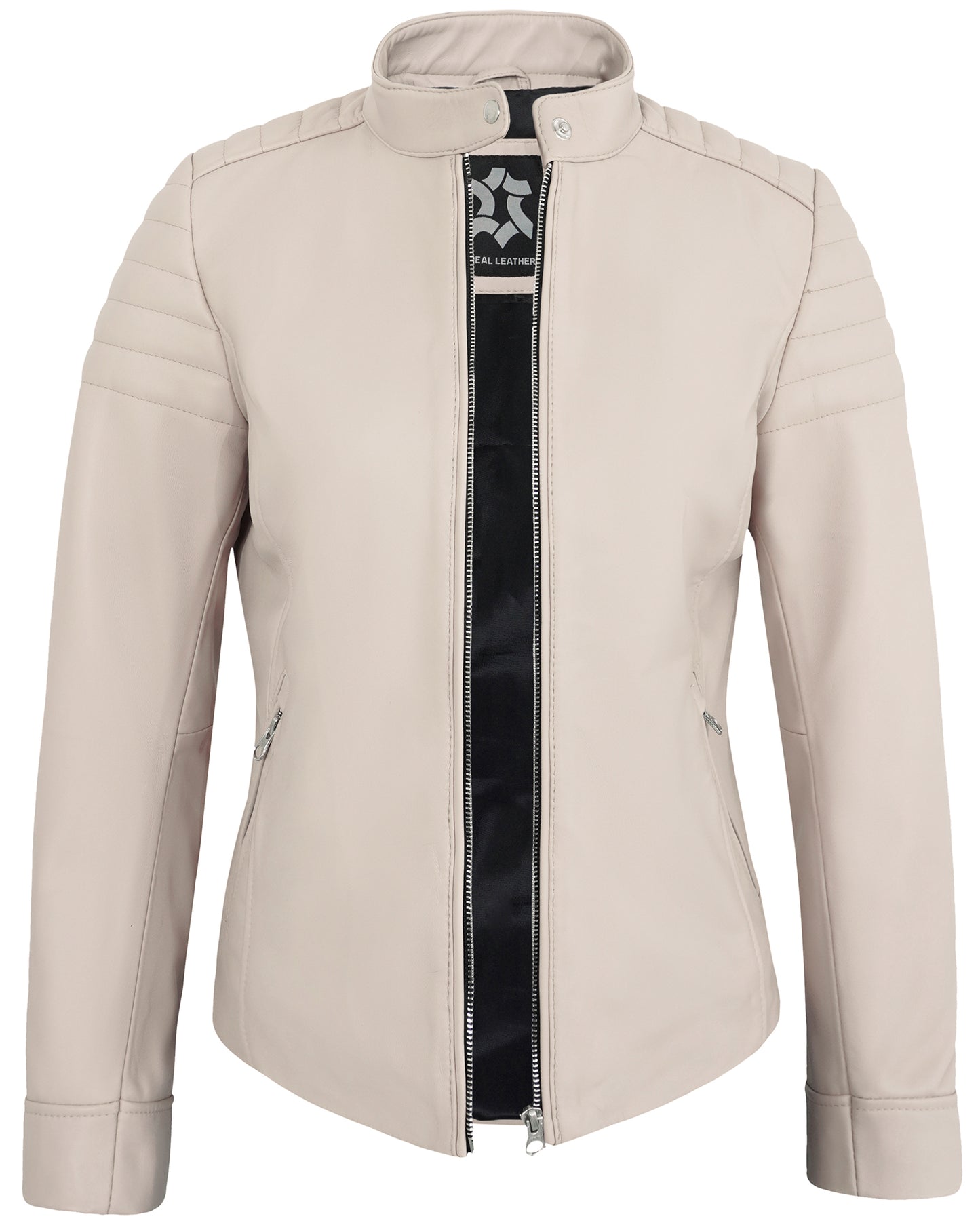 Beige Women's Lambskin Leather Jacket – Real Lambskin Moto Jacket