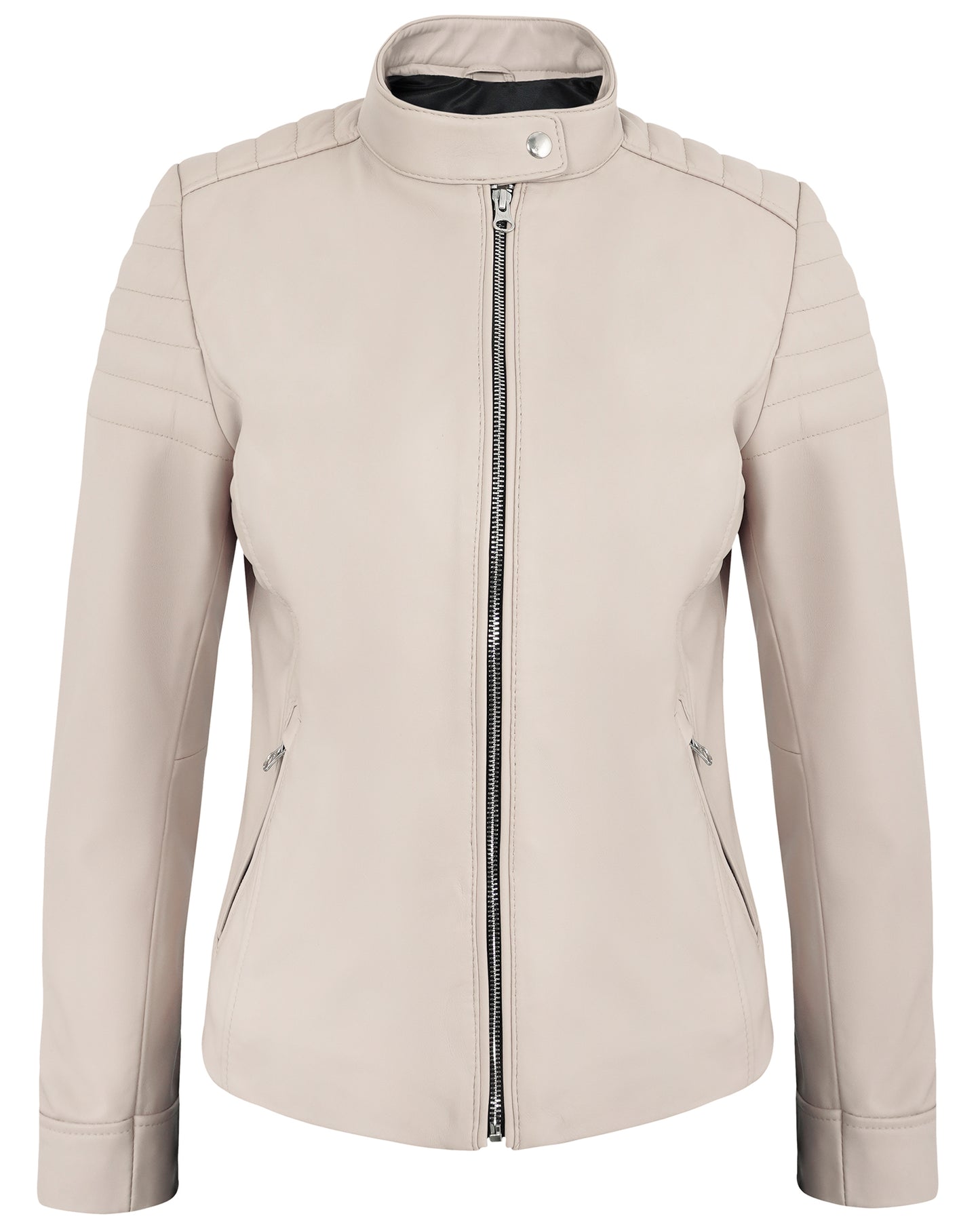 Beige Women's Lambskin Leather Jacket – Real Lambskin Moto Jacket