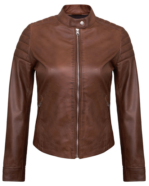 Brown Women's Lambskin Leather Biker Jacket – Real Lambskin Stylish Moto Jacket