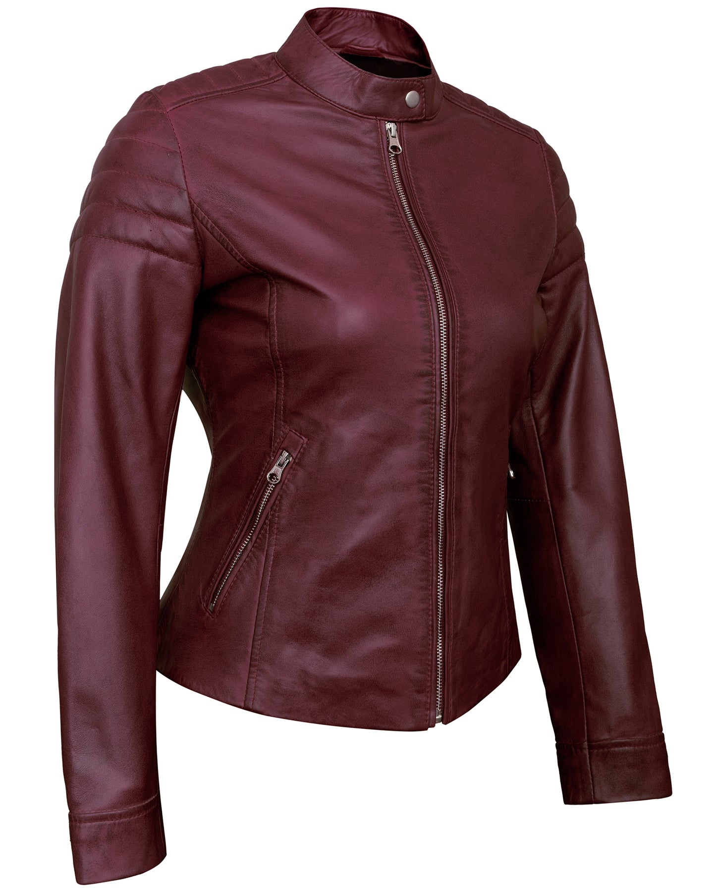 Maroon Women's Lambskin Leather Biker Jacket – Real Lambskin Stylish Moto Jacket